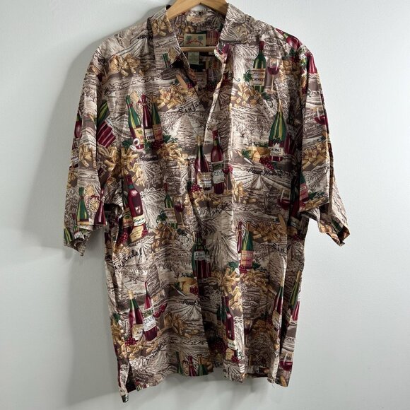 Reyn Spooner Shirt Mens XL Brown Wine Bottles Corks Vineyards Hawaiian Button Up - Picture 1 of 7